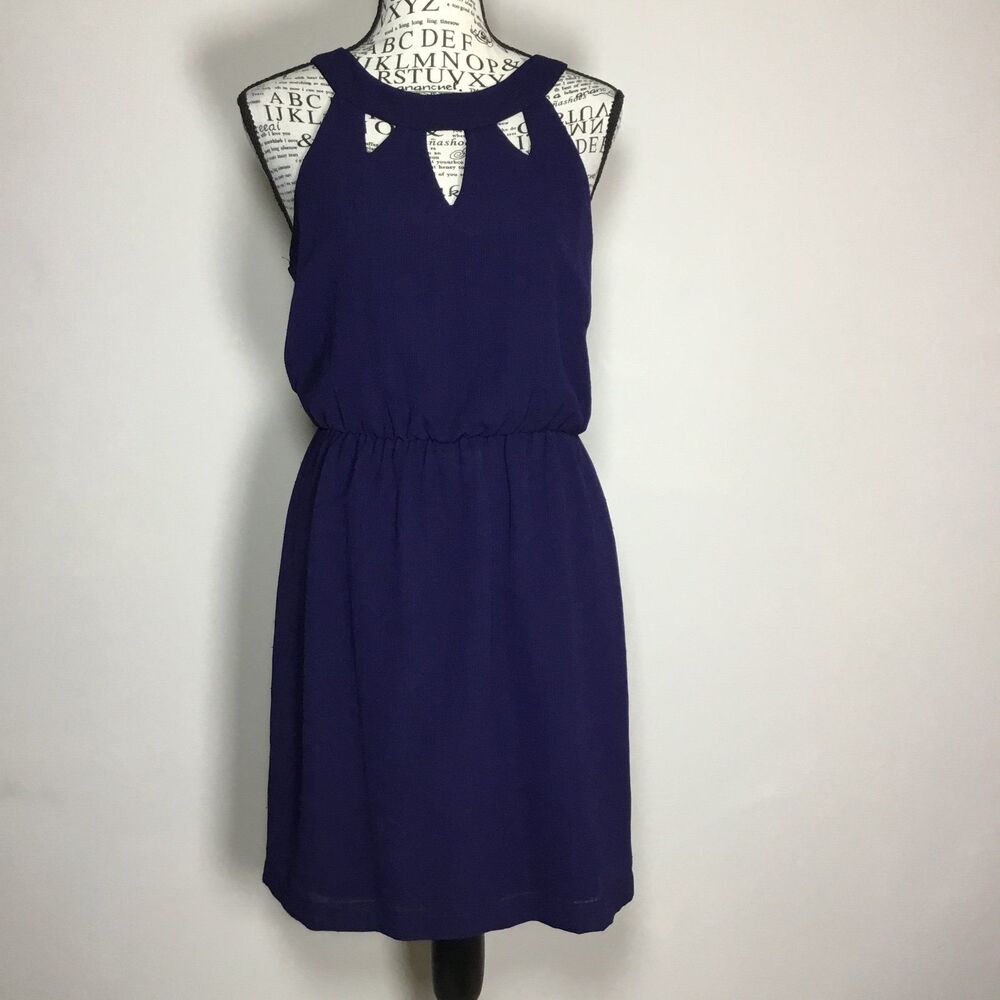 Navy blue knee length dress geometric cut out Roman neck casual summer S